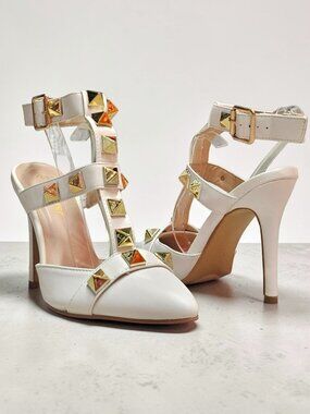 White Studded Pointed-Toe High Heels With Adjustable Buckle Strap & T-Strap Desi